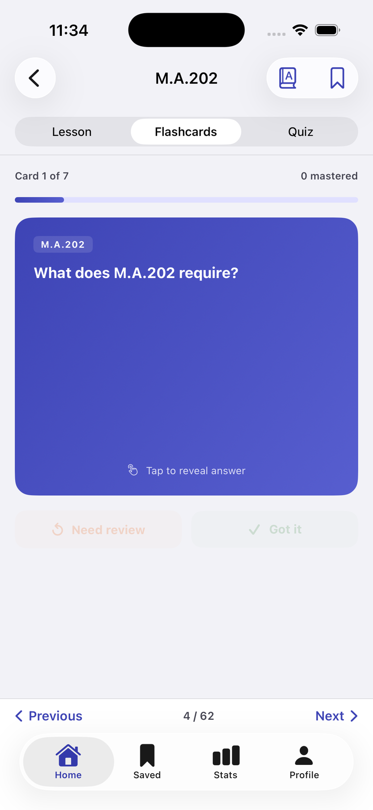 Flashcards screen