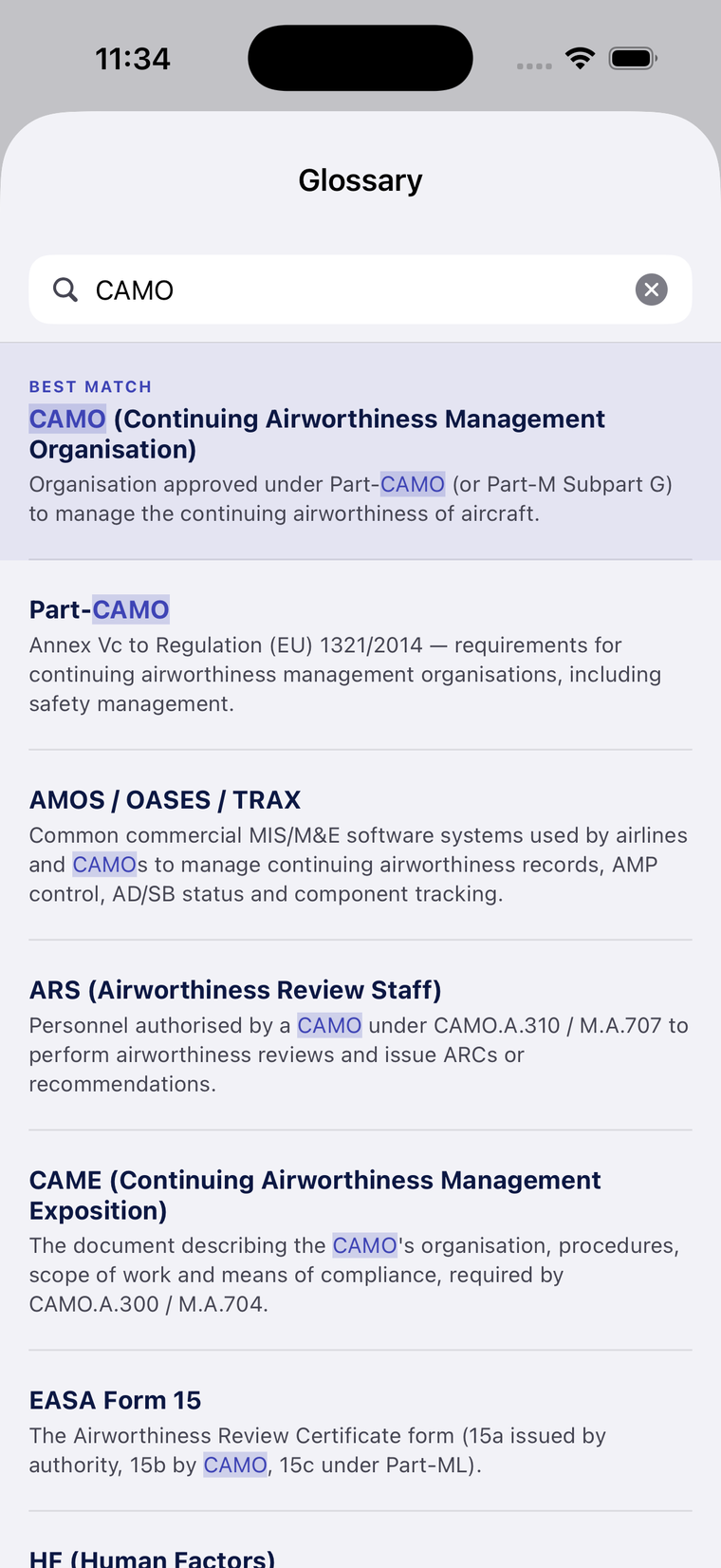 Search and glossary screen